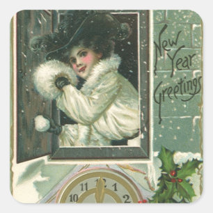 Vintage New Year Greetings, Victorian Girl Window Square Sticker