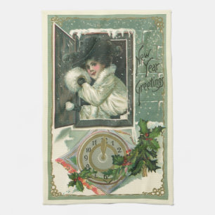 Vintage New Year Greetings, Victorian Girl Window Tea Towel