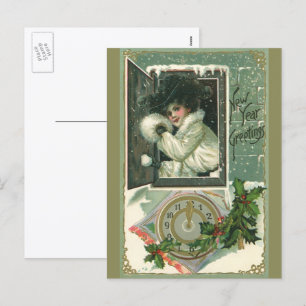 Vintage New Year Greetings, Victorian Window Girl Holiday Postcard
