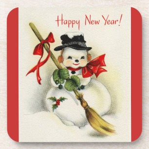 Vintage New Year Snowman Coaster