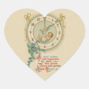 Vintage New Years Baby Clock Heart Sticker