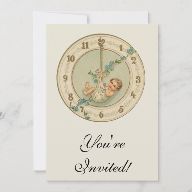 Vintage New Years Baby Clock Invitation (Front)