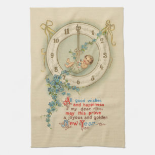 Vintage New Years Baby Clock Tea Towel
