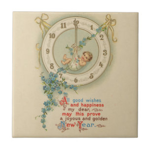Vintage New Years Baby Clock Tile