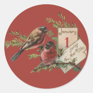 Vintage New Years Birds Classic Round Sticker