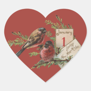 Vintage New Years Birds Heart Sticker