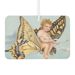 Vintage New Years card, child riding butterfly Car Air Freshener