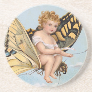 Vintage New Years card, child riding butterfly Coaster