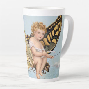 Vintage New Years card, child riding butterfly Latte Mug