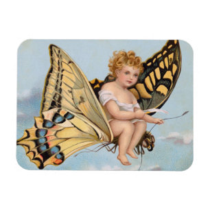 Vintage New Years card, child riding butterfly Magnet