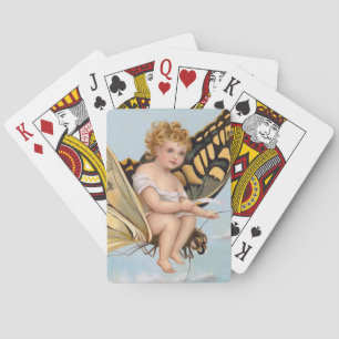 Vintage New Years card, child riding butterfly Playing Cards