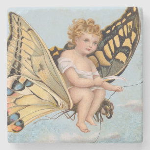 Vintage New Years card, child riding butterfly Stone Coaster