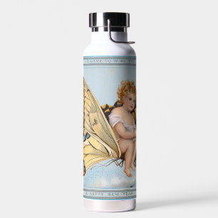 Vintage New Years card, child riding butterfly Water Bottle