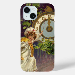 Vintage New Years Eve Irish Lass Clock at Midnight iPhone 15 Case