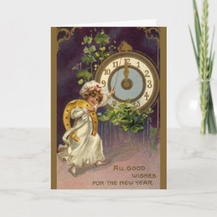 Vintage New Years Eve Irish Lass Clock at Midnight Holiday Card