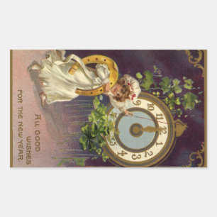 Vintage New Years Eve Irish Lass Clock at Midnight Rectangular Sticker