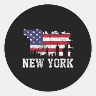 Vintage New York City Nyc Skyline Usa Flag America Classic Round Sticker