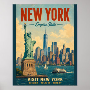 Vintage New York City Skyline Poster with Statue o