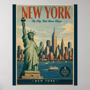 Vintage New York City Travel Poster with Statue of