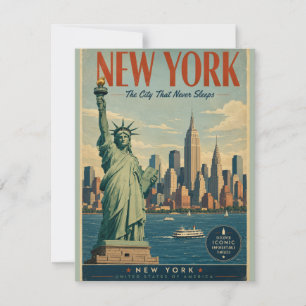 Vintage New York City Travel Poster with Statue of Card