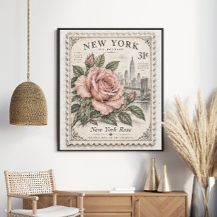 Vintage New York Rose State Flower Postage Stamp Poster