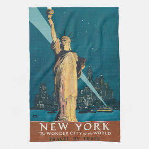 Vintage New York Wonder City Statue of Liberty Art Tea Towel