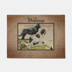 Vintage Newfies  in  burlap  - welcome Doormat