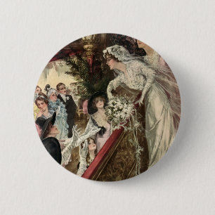 Vintage Newlyweds, Victorian Bride Tossing Bouquet 6 Cm Round Badge