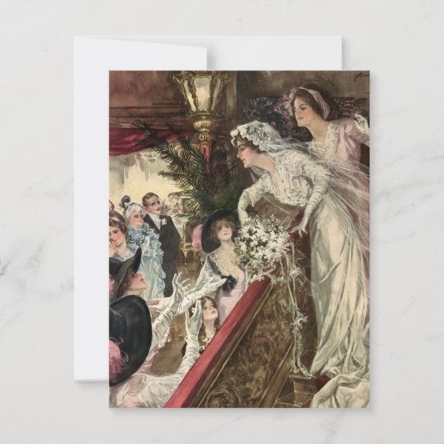 Vintage Newlyweds, Victorian Bride Tossing Bouquet Announcement (Front)