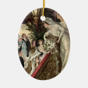 Vintage Newlyweds, Victorian Bride Tossing Bouquet Ceramic Tree Decoration