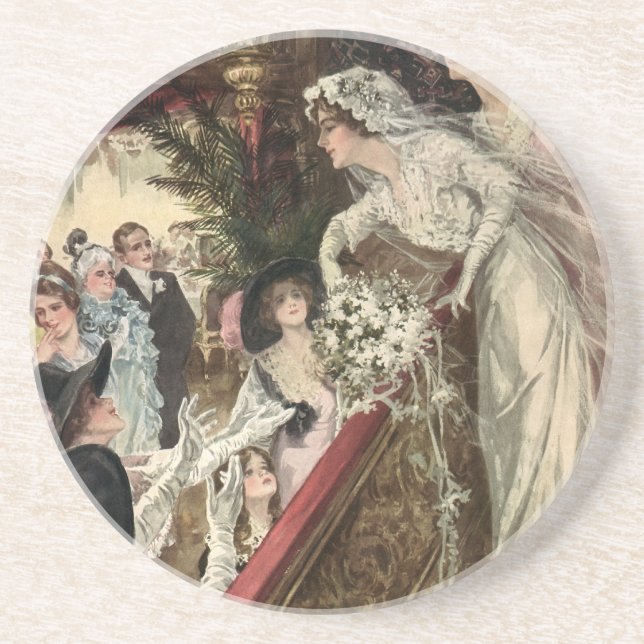 Vintage Newlyweds, Victorian Bride Tossing Bouquet Coaster (Front)