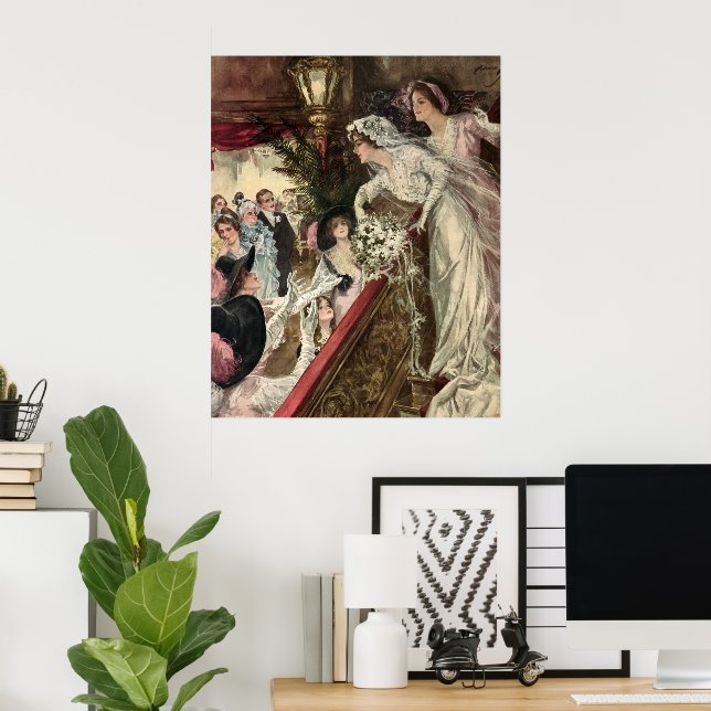 Vintage Newlyweds, Victorian Bride Tossing Bouquet Poster (Home Office)