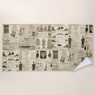 Vintage Newspaper Advertisements Rustic Tiled Beach Towel