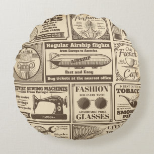 Vintage newspaper banners and advertising labels v round cushion
