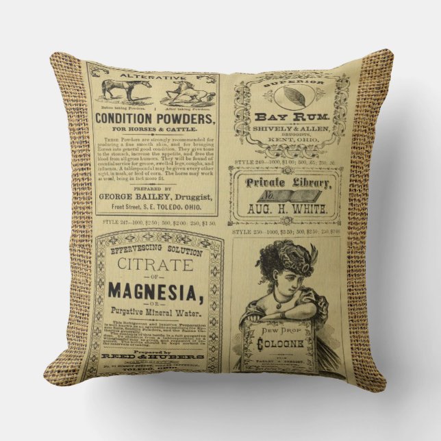 Vintage Newspaper Burlap  Cushion (Front)