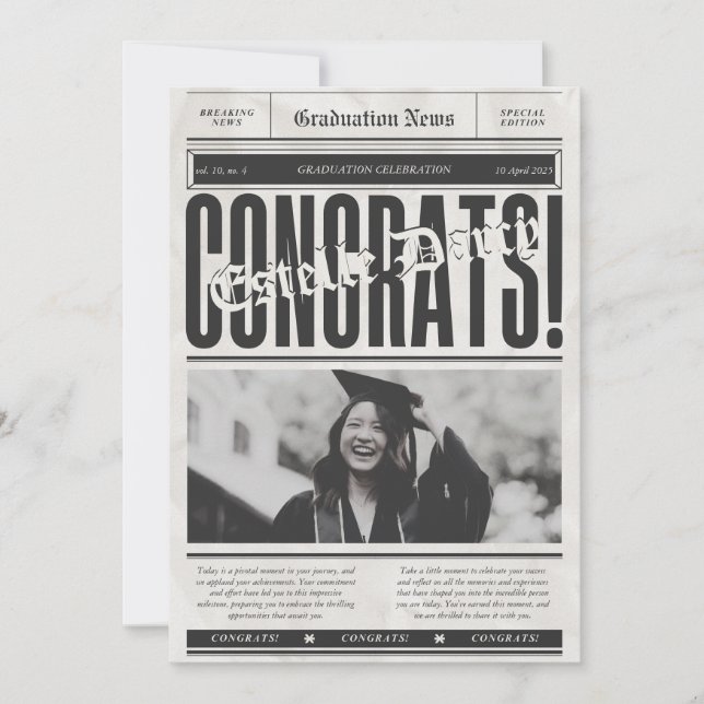 Vintage Newspaper Congratulations Graduation  Invitation (Front)