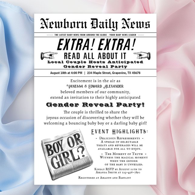 Vintage Newspaper Gender Reveal Party Invitation (Cute vintage newspaper gender reveal invitation - a fun way to invite your guest for the big reveal!)