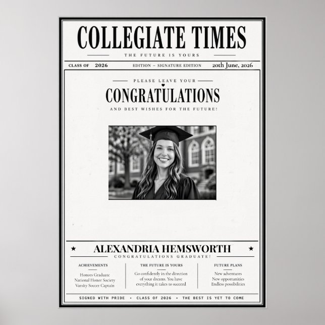 Vintage Newspaper Graduation Autograph Poster (Front)