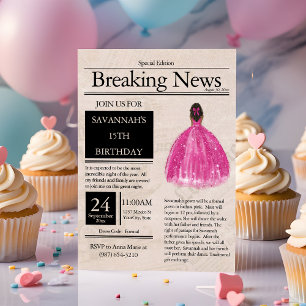 Vintage Newspaper Quinceañera Fuchsia Pink Invitation