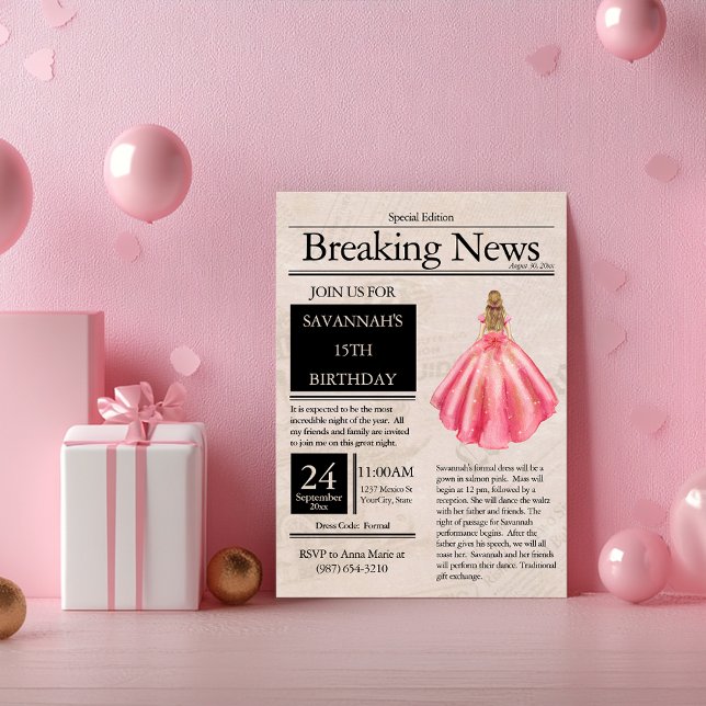 Vintage Newspaper Quinceañera Salmon Pink Invitation (Creator Uploaded)