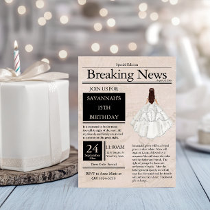 Vintage Newspaper Quinceañera Silver White Invitation