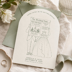 Vintage Newspaper Sage Green Save the Date