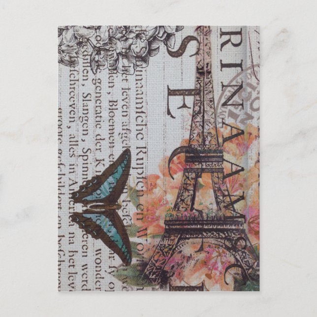 vintage newspaper scripts  Paris eiffel tower Postcard (Front)