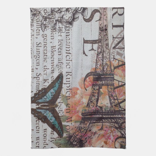 vintage newspaper scripts  Paris eiffel tower Tea Towel (Vertical)