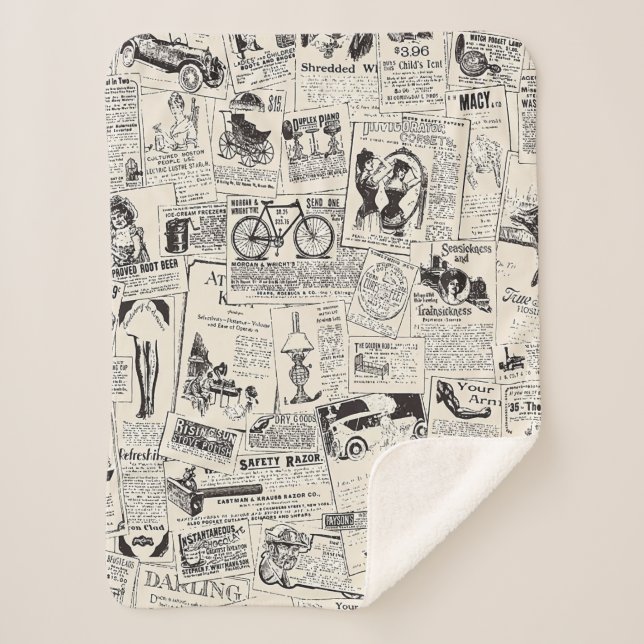 Vintage Newspaper Sherpa Blanket (Front)