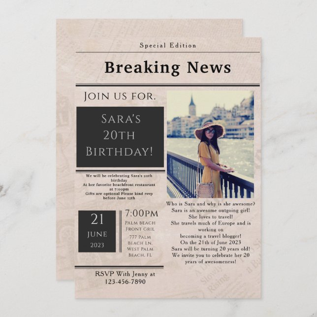Vintage Newspaper Style Photo Birthday Invitation (Front/Back)