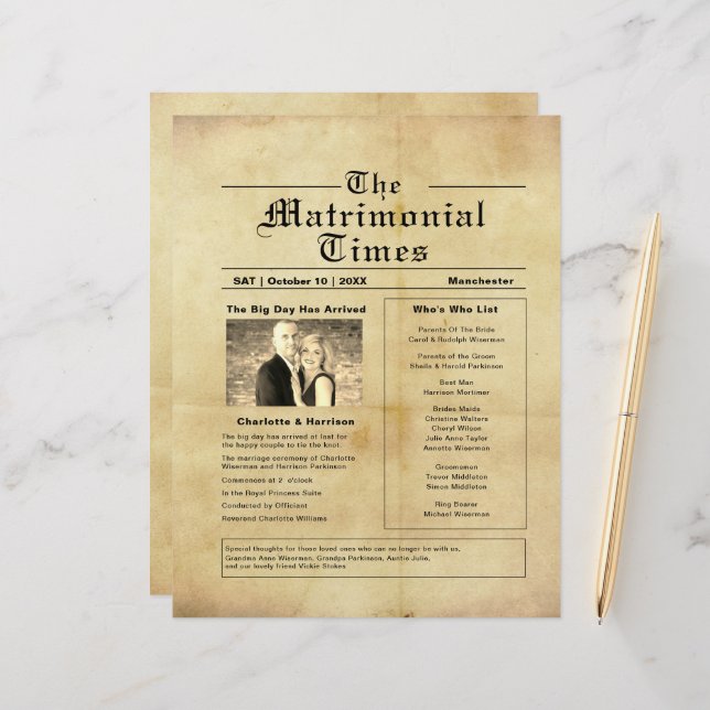Vintage Newspaper Style Wedding Program (Front/Back In Situ)
