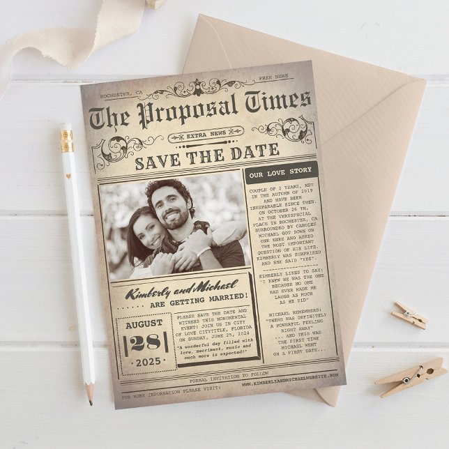 Vintage Newspaper Unique Save the Date Photo (Creator Uploaded)