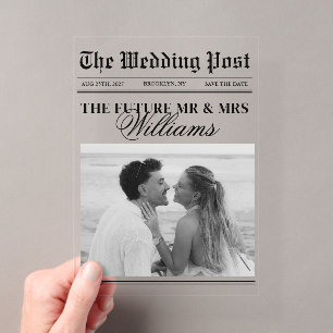 Vintage Newspaper Wedding Photo Save The Date Acrylic Invitations