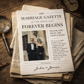 Vintage Newspaper Wedding Photo Thank You Card